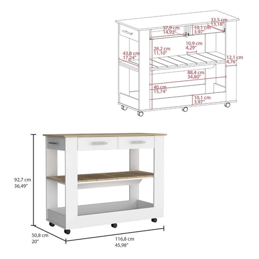 FM FURNITURE Brooklyn 46 Kitchen Island with Two Drawers Engineered Wood White