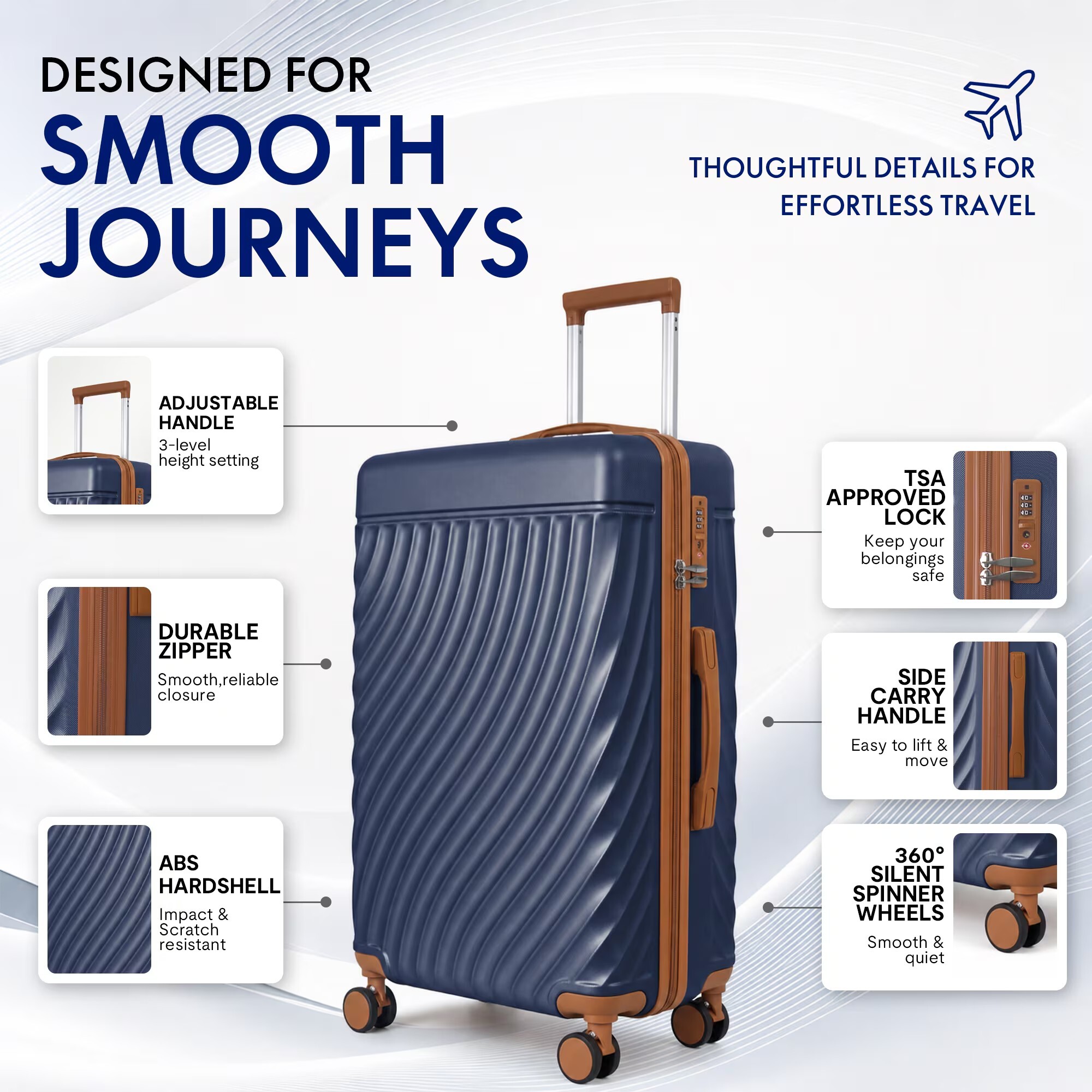 avobird 3-Piece ABS Hardshell Luggage Set – Lightweight and scratch-resistant, featuring silent 360° spinner wheels and TSA-approved locks, 20"/24"/28", Navy Blue