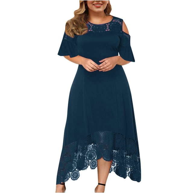 LSLJS Plus Size Women Sexy Ruffle Strapless Splicing Lace Splicing Short Sleeve Dresses, Plus Size Dress