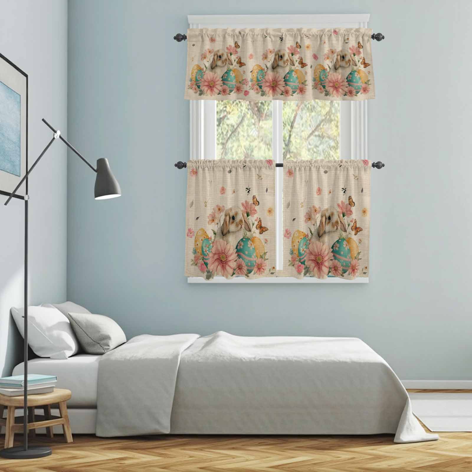 Easter Rabbit Kitchen Curtains Valances 3 Piece Set, Watercolor Eggs Pink Floral Butterfly Linen Texture Rod Pocket Tier Curtain and Valance Drapes for Small Window 24 Inch Length for Bedroom Cafe
