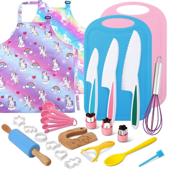sixwipe 27PCS Toddler Knife Set, Kids Kitchen Set for Real Cooking, Toddler Montessori Kitchen Tools with Knives, Cutting Boards and Unicorn Apron for Ages 3-10 Kids