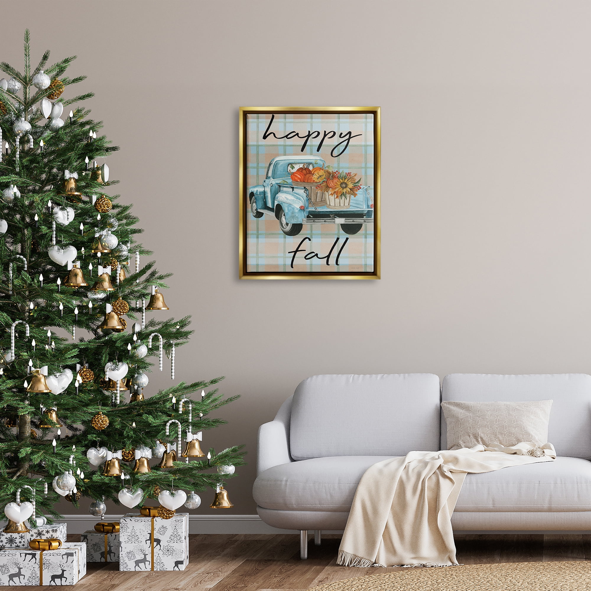 Stupell Industries Happy Fall Flower Truck Transportation Painting Gold Floater Framed Art Print Wall Art, 25 x 31