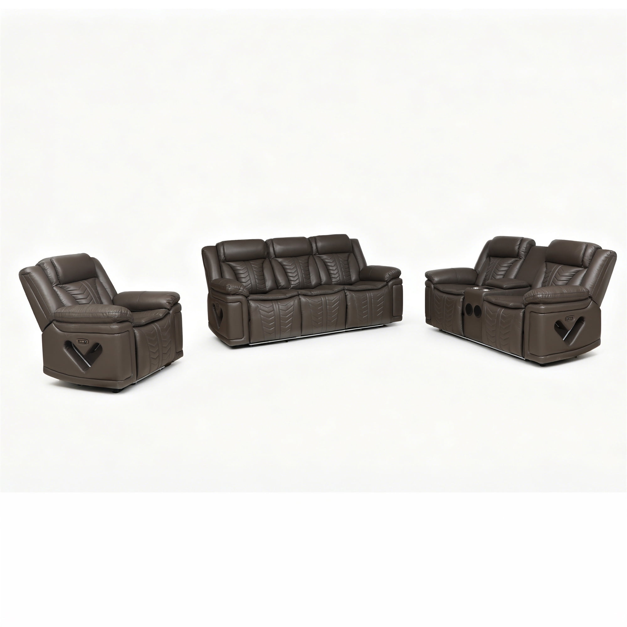 Electra Luxury 3-Piece Power Reclining Living Room Set - Dark Brown Faux Leather Motion Sofa, Loveseat, and Recliner Chair with LED Lighting, Bluetooth Speakers, Drop-Down Table,and Wireless Charging