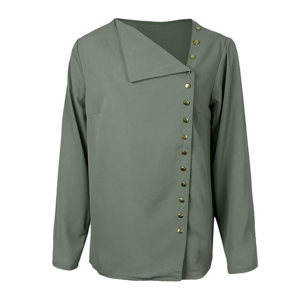 Prettyia - Blusa de gasa con cuello vuelto y botones para mujer SG Yuyangstore Blusa de gasa sólida