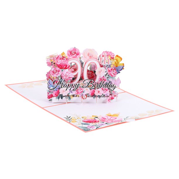 Tarjeta de cumpleaños 90 de Uxcell, tarjeta de cumpleaños emergente con flores 3D y mariposas, con sobre de tarjeta en blanco para regalo