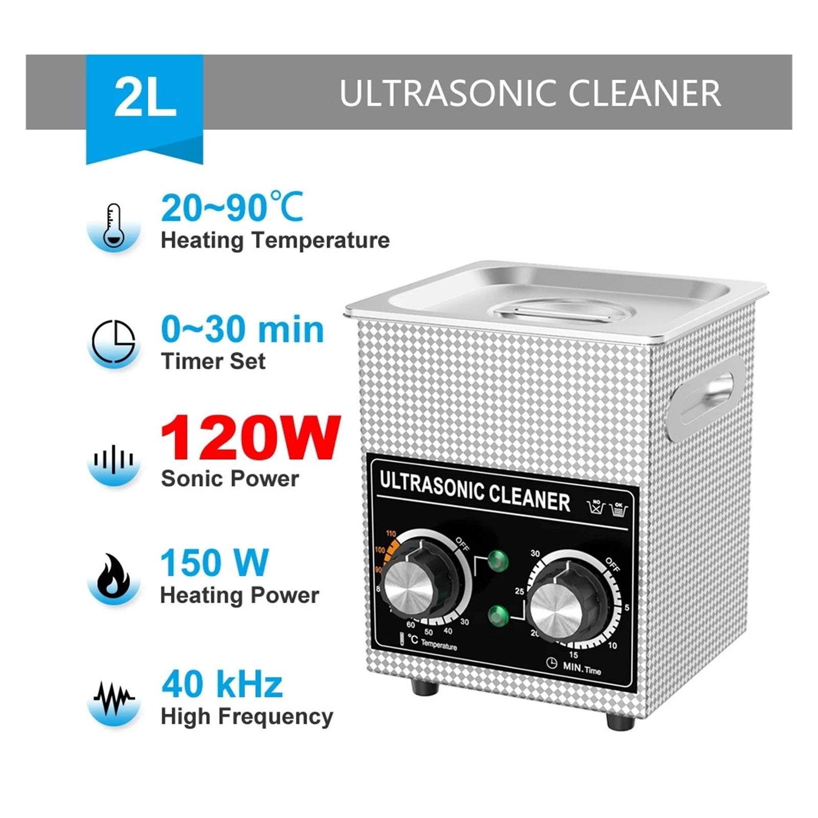 Ultrasonic Cleaner Bath 2L 60W/120W with Stainless Basket Heater Timer Digital Display Diswasher Ultrasound Home Appliances
