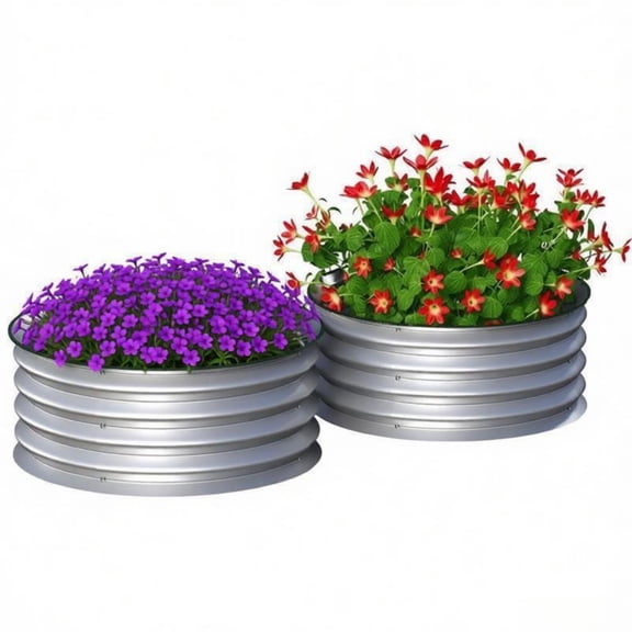 Silver Galvanized Steel Raised Garden Beds Set of 2, 23.5" Dia × 11.75" H Open Bottom Planters with Drainage, Rubber-Sealed Safe Design for Outdoor Gardening