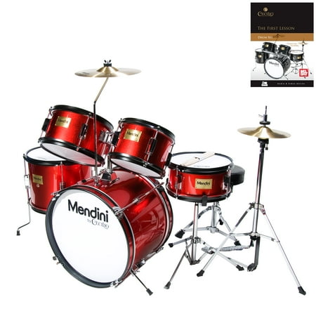 Mendini by Cecilio 16" 5-Piece Complete Kids / Junior Drum Set with Adjustable Throne, Cymbal, Pedal, Drumsticks & Lesson Book, Metallic Bright Red, MJDS-5-BR
