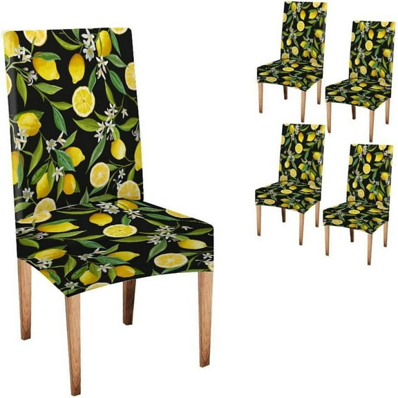 Lemon Dining Room Chair Covers Set of 4 Seamless Floral Pattern Lemon Fruits Background Parson Chair Slipcover Removable Washable Chair Protector