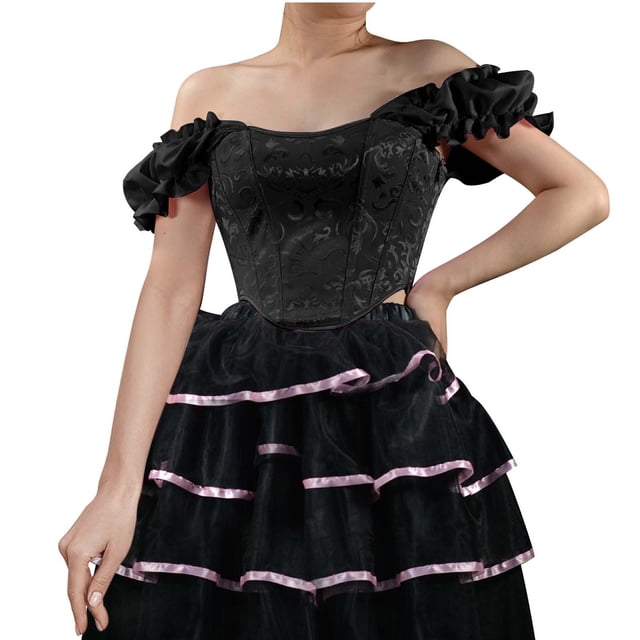 Women's Off Shoulder Short Sleeve Asymmetrical Hem Ruched Corset Crop Top Renaissance Lace Up Vintage Boned Bustier