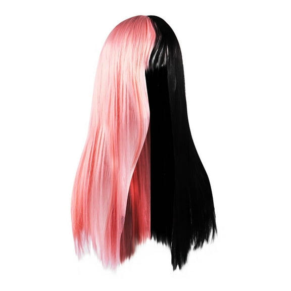 DOPI Half Black Half Pink Long Straight Wigs Fashion Synthetic Hair Wigs for Makeup