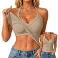 thumbnail image 4 of Sillenn Halter V Neck Tank Tops with Built-In Shelf Bra for Women Sleeveless Slim Fitted Basic Cami Shirts Cute Halter Tops Going Out Sleeveless Camisole Top Dressy Casual Bralette Tops Beige L, 4 of 7