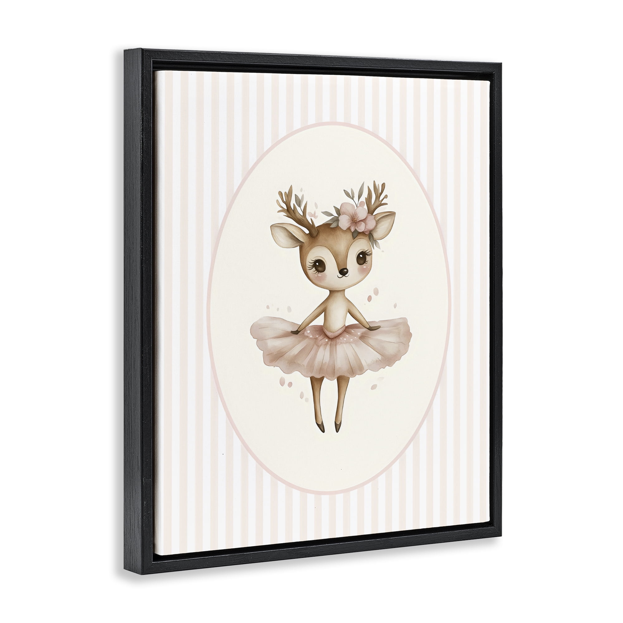 Stupell Industries Nursery Ballerina Deer Striped Black Framed Floater Canvas Wall Art, design by LSR Design Studio
