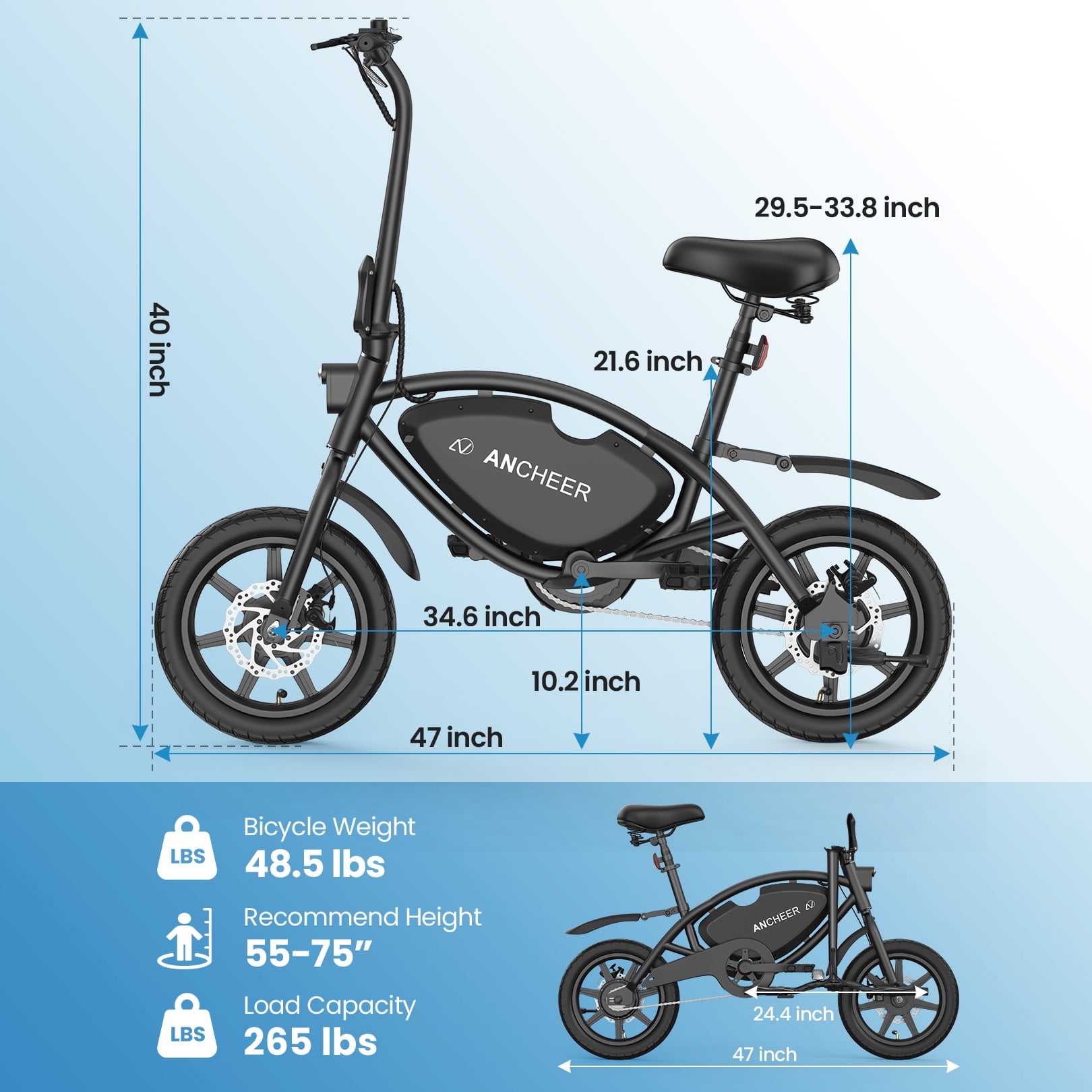 ANCHEER 14" Foldable Electric Bike for Adults, Peak 500W Electric Bicycles, 48V 374Wh City Commuter Cruiser Ebikes, 20MPH Compact Electric Mini Bike for Teens, LED Display, UL 2849