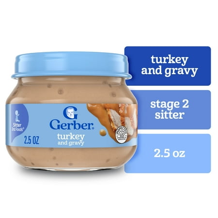 Gerber Stage 2 Baby Food, Turkey and Gravy Jar, Baby Food Poultry Puree, Baby Mealtime, Baby Puree Jars Glass 2.5 oz