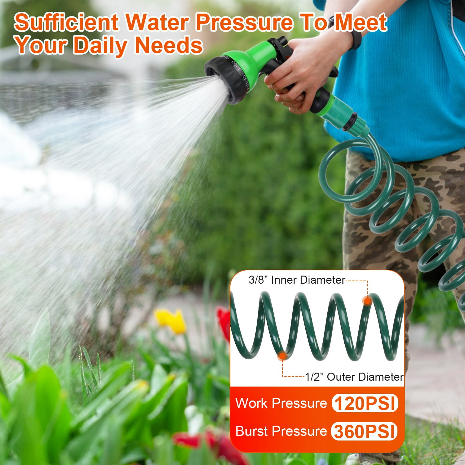 EVA Recoil Garden Hose 65ft Flexible 7 Pattern Spray Nozzle Garden Water Hose with 3/4" and 1/2" Adapter for Boat Greenhouse Yard Patio Green