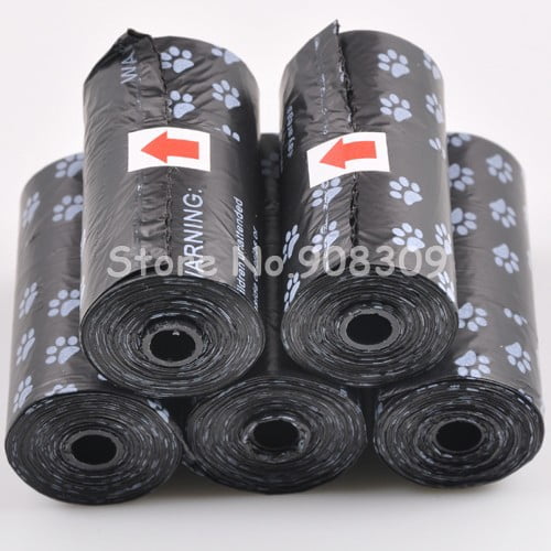 15pcs/1 roll BLACK PET DOG WASTE PICK UP POOP BAGS Biodegradable Clean up bags,Paw Heart Printed