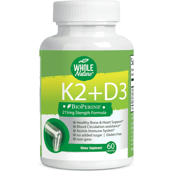 Whole Nature Vitamin K2 D3 with Bioperine and Calcium, 60 Capsules