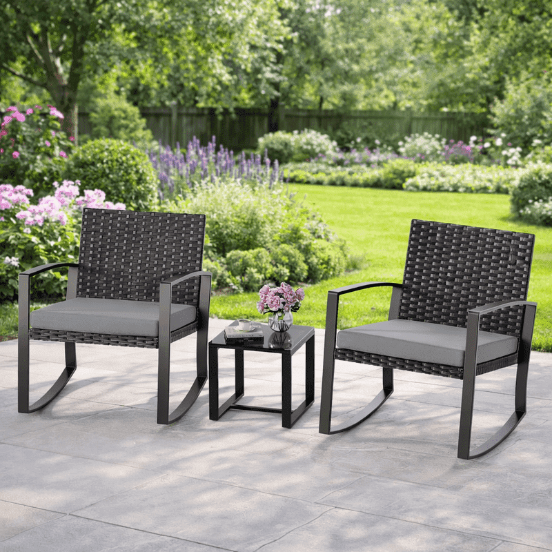 3-Piece Outdoor Patio Rocking Bistro Set, PE Rattan Wicker Conversation Furniture with Tempered Glass Coffee Table for Garden Balcony Backyard Poolside, Grey Cushion