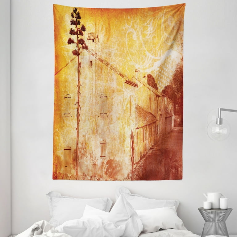 Burnt Orange Tapestry Retro Illustration of A Street of Old French Houses Mediterranean Environment Print Wall Hanging for Bedroom Living Room Dorm