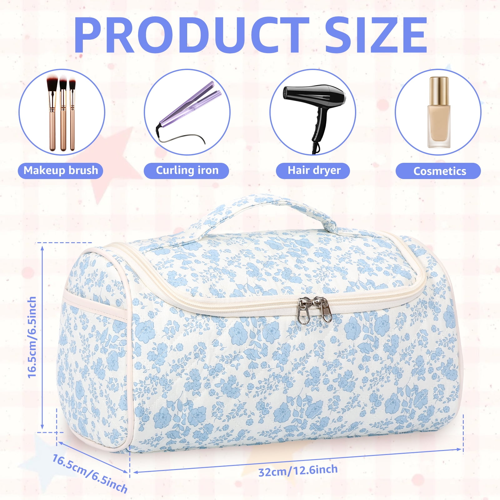 NUAHRHY Travel Makeup Bag with Handle, Cosmetic Organizer Bag Toiletry Bag for Women Girls, Cute Travel Essentials Case with Compartments, Vertical Make up Storage Bag Hair Dryer Holder