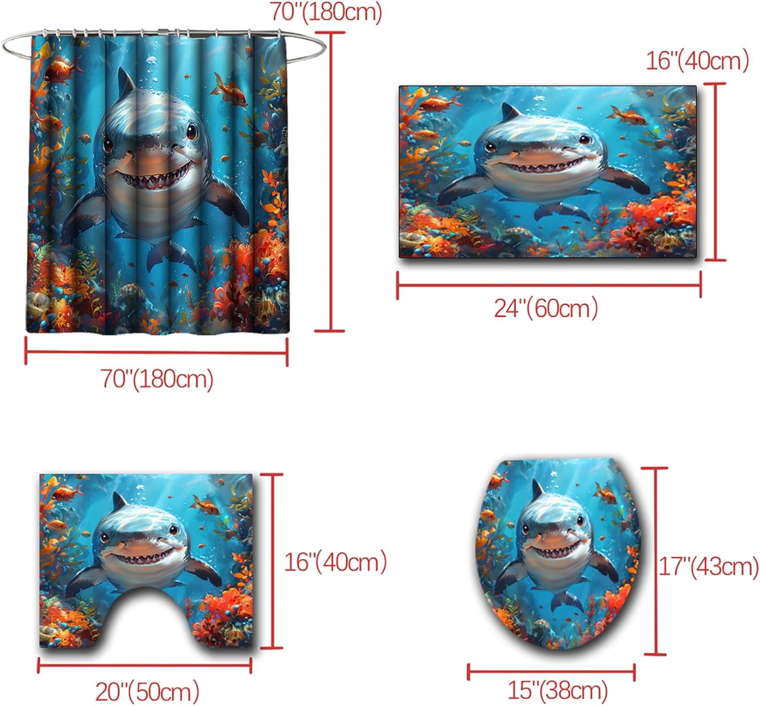4 Pcs Shark Shower Curtain Set - Shark Bath Curtain, Blue Shark Bathroom Ocean Themed Shower Curtain for Kids Boys Girls, Sea Animal Shower Curtain with Rug, Toilet Cover, Bath Mat with 12 Hooks