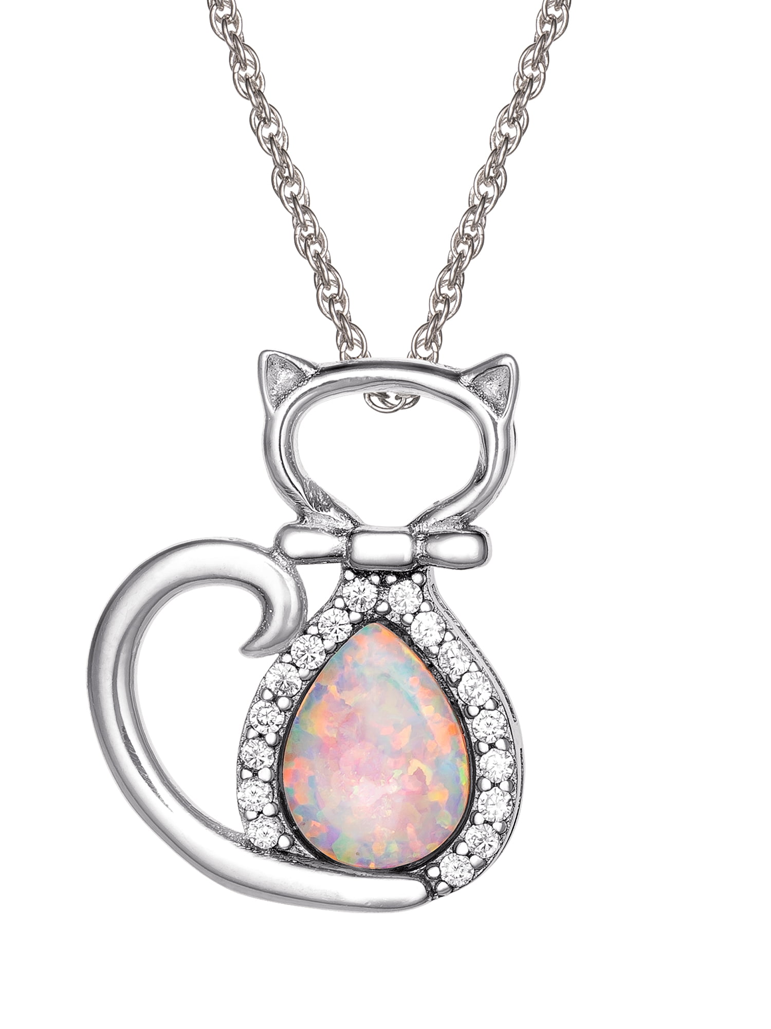 925 Sterling Silver Cat With Created Opal Accents Pendant