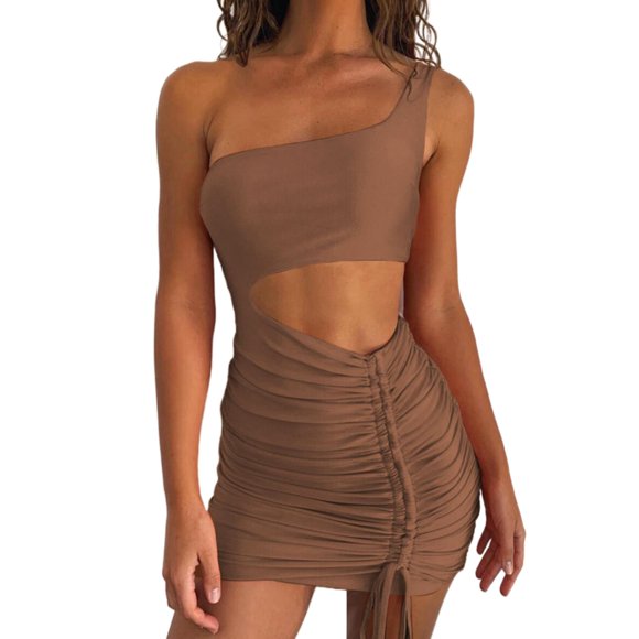 JFHHQ Colombian Dress Fashion Temperament Slant Shoulder Dress Stretch Thin Pleated Short Skirt for Women Casual Slim Fit Mini S Brown