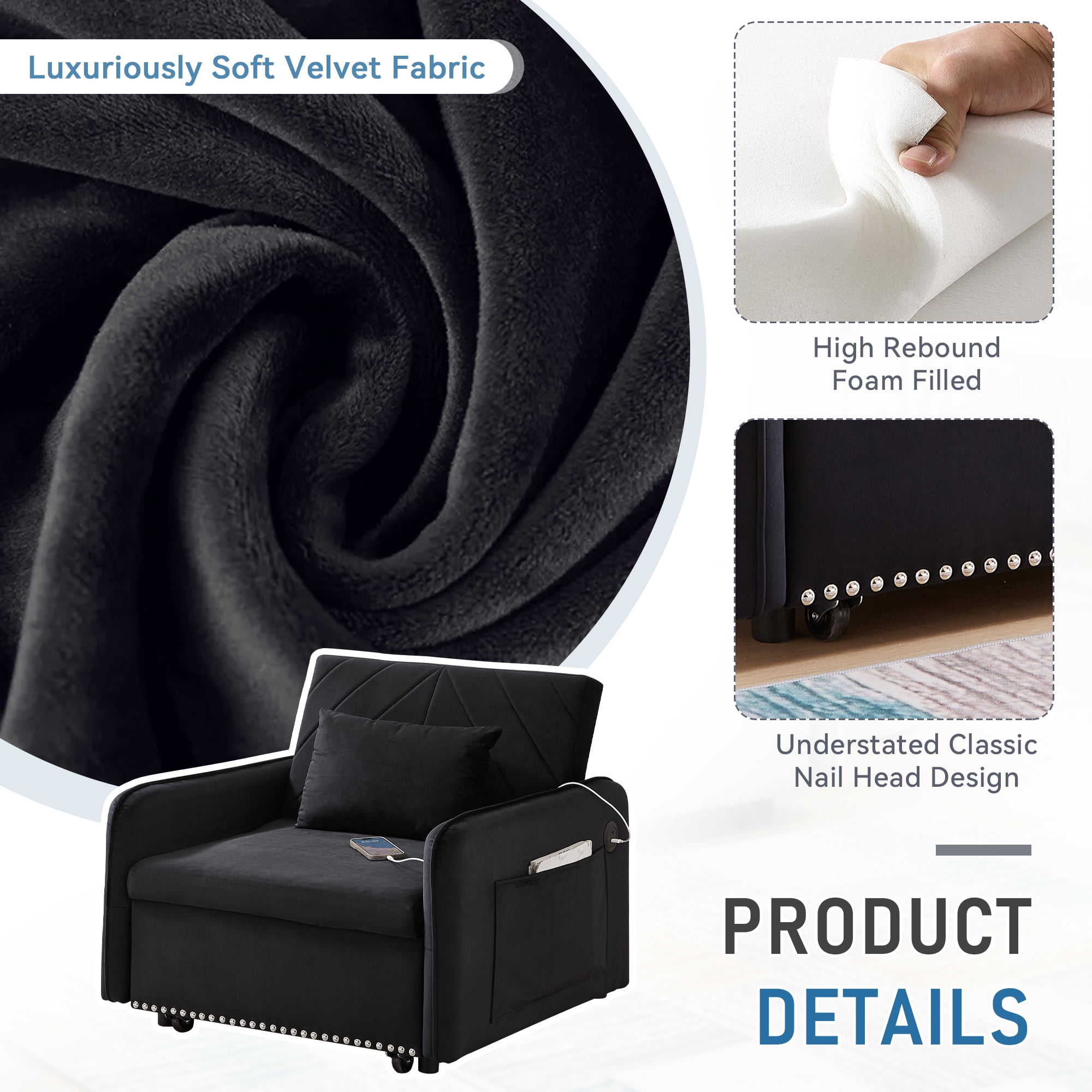 Lunale 3-in-1 Convertible Sleeper Chair Bed, Indoor Lounge Chair with USB/Type-C, Black Velvet