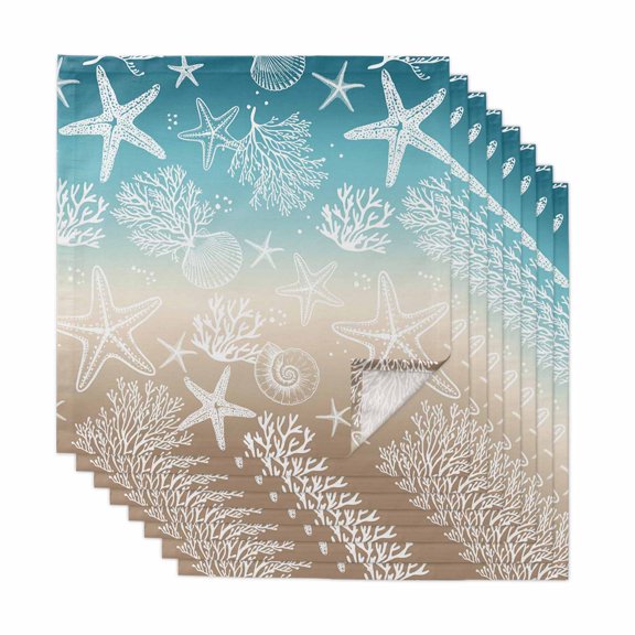 Teal Ombre Coastal Cloth Napkins, Sea Nautical Summer Beach Starfish Coral Washable and Reusable Dinner Napkins Set of 8, Table Napkin for Kitchen Party Birthday Wedding Hotel Housewarming 20"x20"