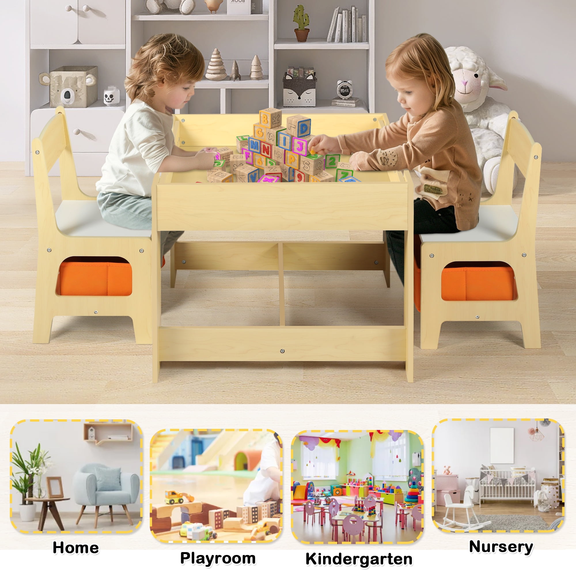 AILEEKISS 3 in 1 Kids Wood Table 2 Chairs Set Erasable School Craft Activity Table for Toddlers Natural Walmart