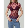 thumbnail image 6 of Musuos Women Sheer Lace Top, Mock Turtleneck Short Sleeve See-through Summer T-shirt Clubwear, 6 of 9