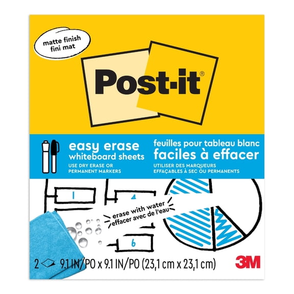 Post-it® Easy Erase Permanent Marker Whiteboard Sheets, 2 Pack, 9.1 in x 9.1 in, Wipes Away with Water