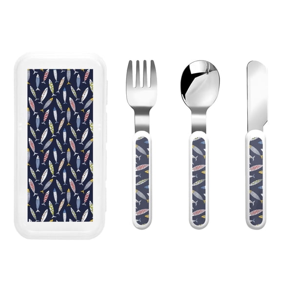 Honeii Sardine Print Children's Knife, Fork And Spoon Set,Reusable Utensils Set with Case,Travel Cutlery Set,for Kids Adults Camping