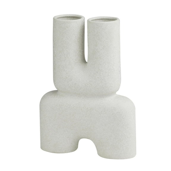 DecMode 15" Abstract Dual Opening U-Shaped White Ceramic Vase with Glossy Speckled Texture
