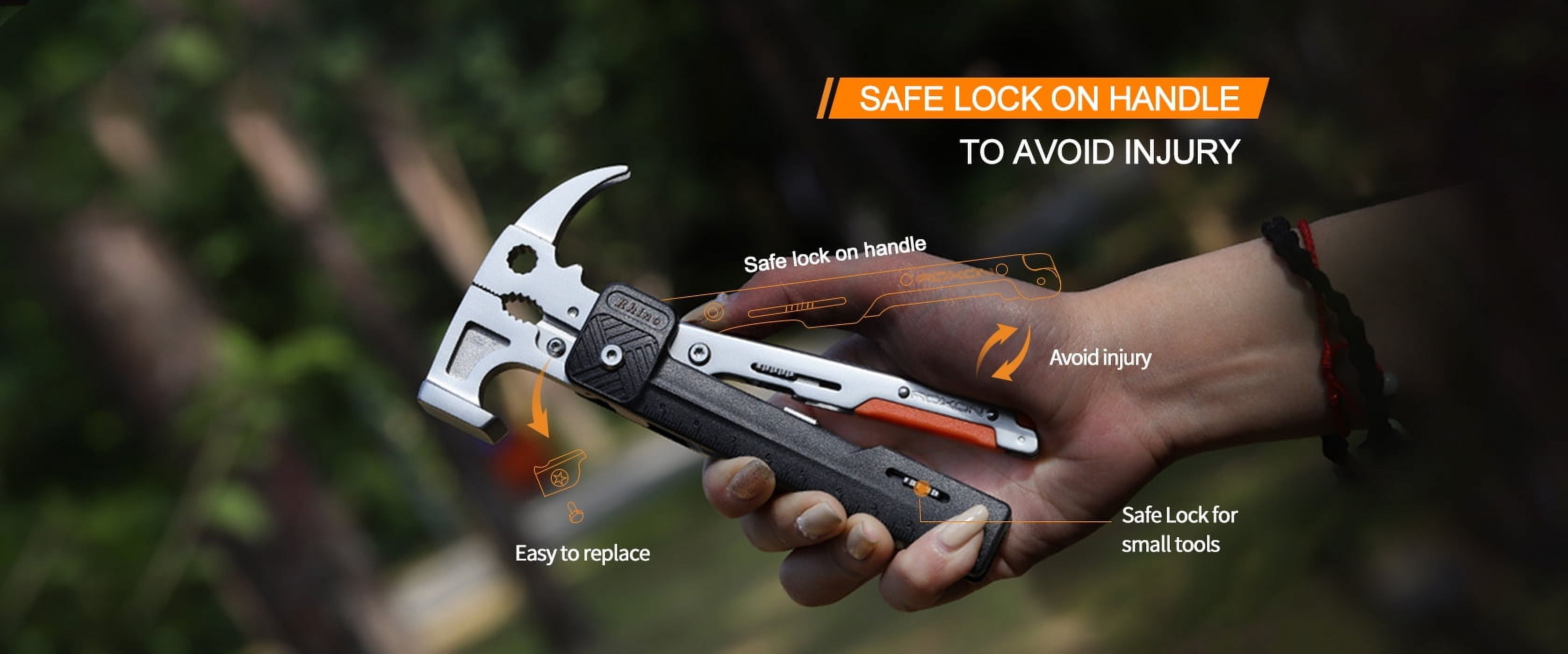 17 in 1 Camping Hammer Foldable Multitool with Flint Stone, Replaceable Wire Cutters, Knife, Saw, Whistle, Bottle Opener