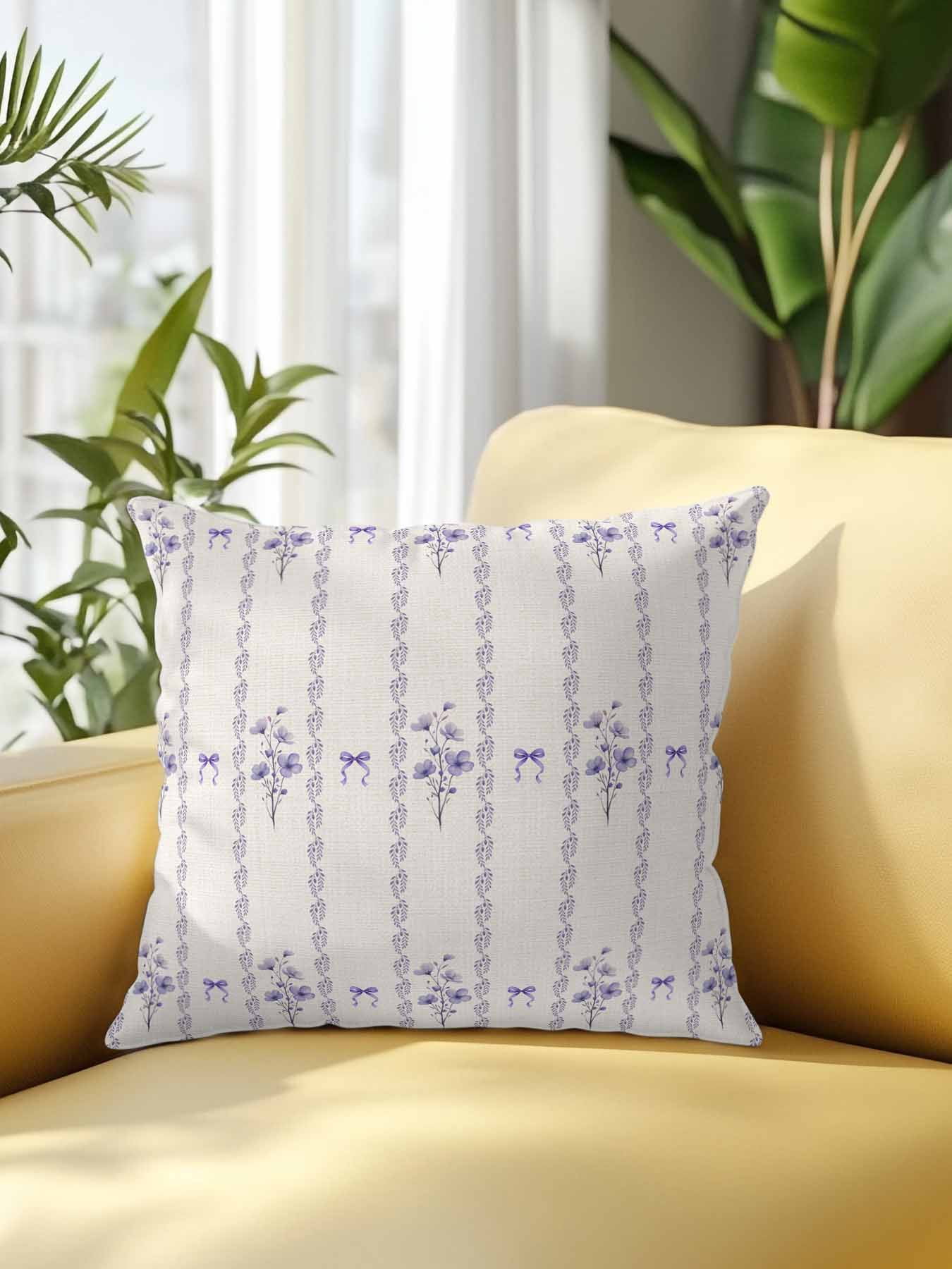 1 Pack Outdoor Throw Pillow, Purple Flowers Waterproof Pillow with Insert Included, Spring Floral Bows Lines Vintage Beige Decorative Accent Cushion Sofa Pillows for Patio Porch, 16 x 16 In