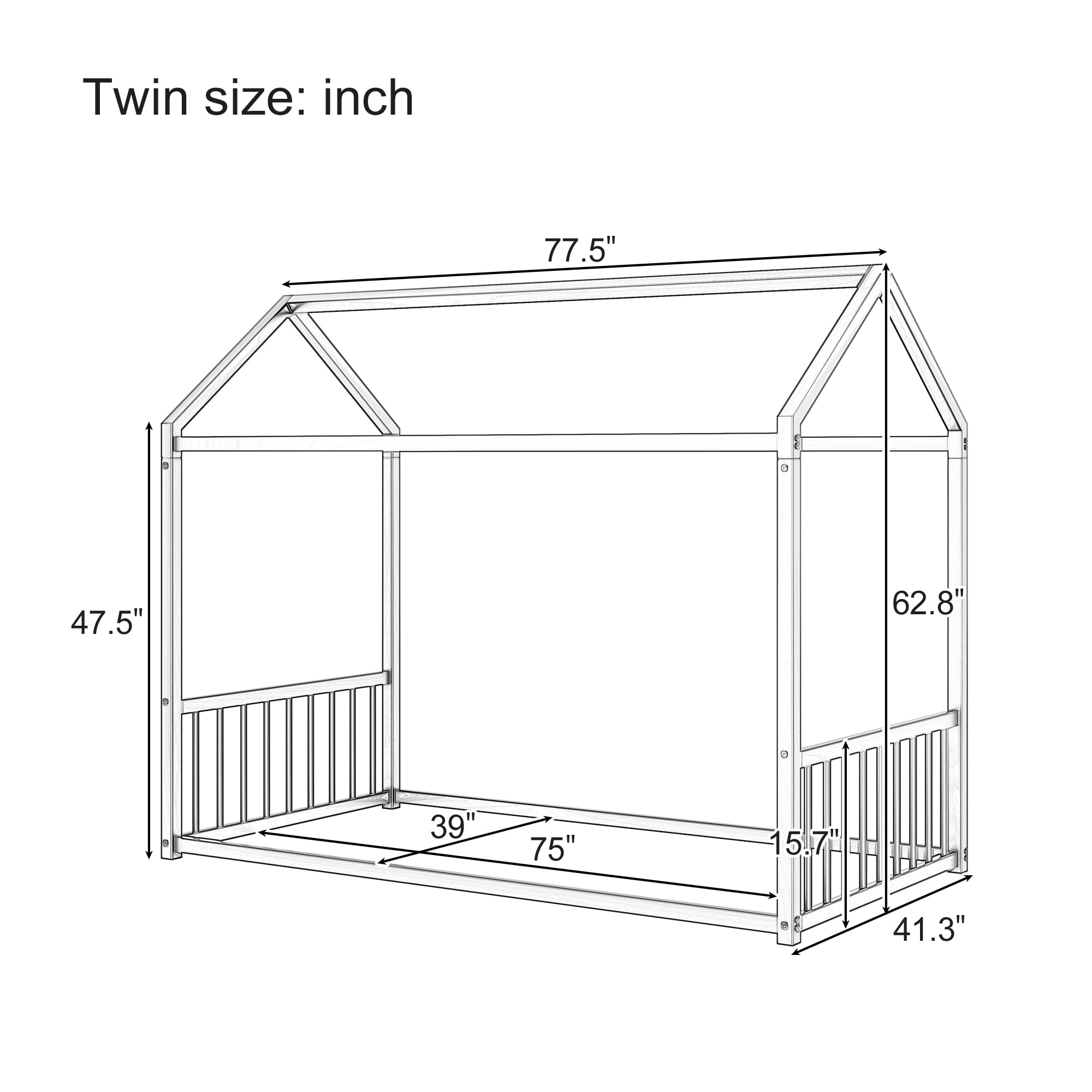 Euroco Metal Twin Size Canopy Bed, Low Profile House Bed with Guardrails, White