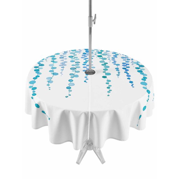Outdoor Tablecloths with Umbrella Hole & Zipper, Blue Polka Dots Round Tablecloth 54 Inch, Watercolor Abstract Art Retro Waterproof Table Cloth, Patio/Pool/Picnic Table Covers