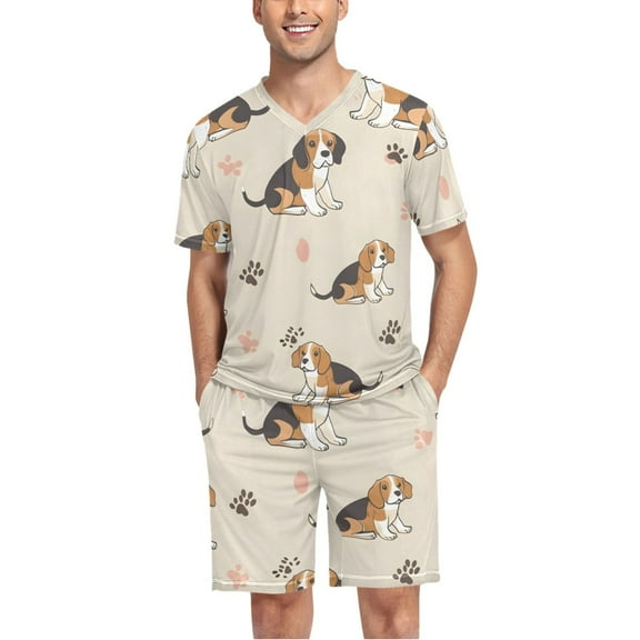 joogoo Men's Pajama Set Beagle Dog V-Neck Pj Shorts Set 2 Piece Loungewear Sleepwear L