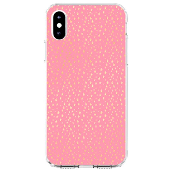 DistinctInk Clear Shockproof Hybrid Case for iPhone XS Max (6.5" Screen) - TPU Bumper, Acrylic Back, Tempered Glass Screen Protector - Pink & Gold Star Pattern