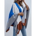 thumbnail image 3 of Cárdigan de punto de manga larga de murciélago, franjas de diferente color a cuadros, suéter de gran tamaño con frente abierto para mujer, color azul L, 3 of 6