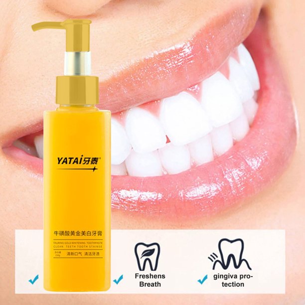 Pasta de dientes blanqueadora bucal Taurine Gold 150 g, pasta de dientes amarilla y elimina manchas.