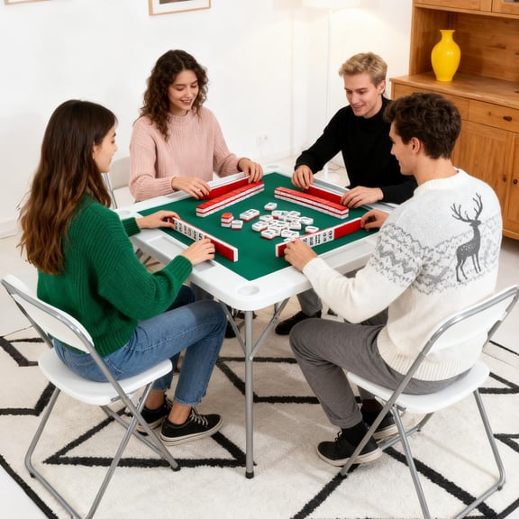 Mahjong Table, 4 Player Folding Domino Table with Wear-Resistant Green Tabletop, Portable Card Desk with Cup Holders & Chip Trays for Mahjong Poker