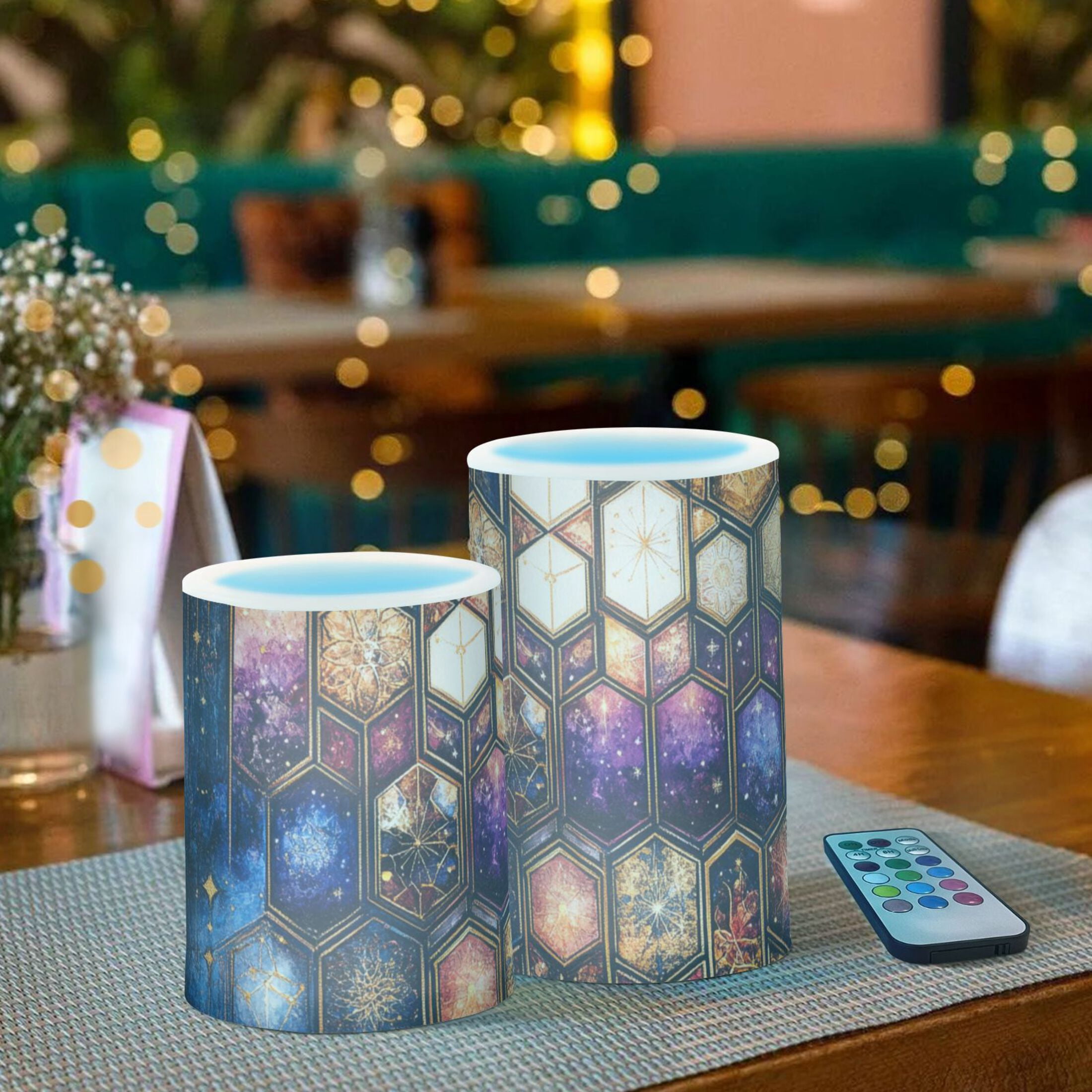 Galactic Hexagon Flickering Flameless Candles Battery Operated with Remote Timer LED Pillar Candles Set of 2
