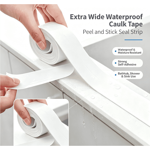 Caulk Tape, Extra Wide Waterproof Peel and Stick Seal Strip, Self Adhesive PVC Caulk Strip for Bathtub, Shower, Sink, Countertop, Tile Edges and Bathroom Kitchen Sealing