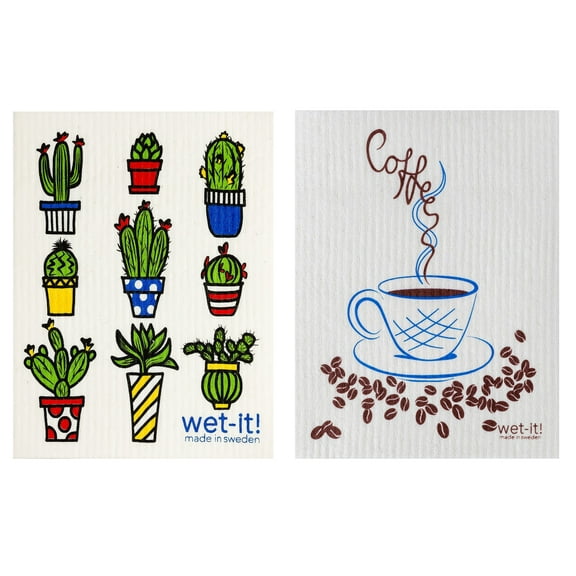 Wet-It! Swedish Treasures Dishcloth & Cleaning Cloth - Set of 2 - Cactus & Coffee - (Paper Towel Replacement)