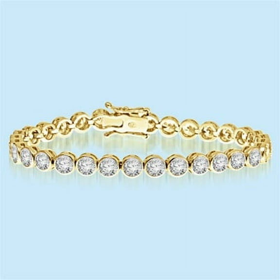 Bezel Set Tennis Bracelet with Artificial Round Brilliant Diamonds by Diamond Essence set in 14K Solid Yellow Gold