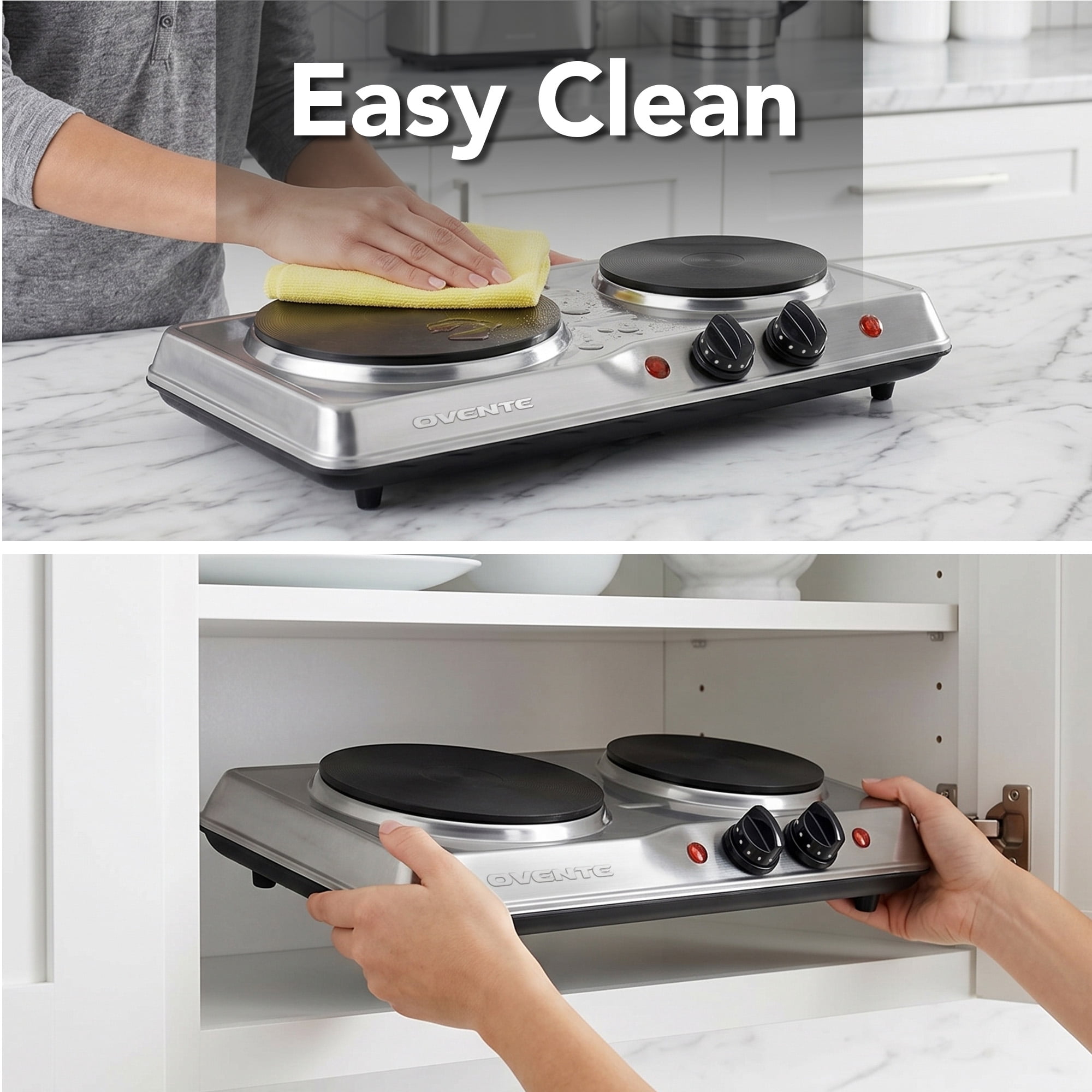 OVENTE Electric Countertop Double Burner, 1700W Cooktop with 7.25" and 6.10" Cast Iron Hot Plates, Temperature Control, Portable Cooking Stove and Easy to Clean Stainless Steel Base, Silver BGS102S