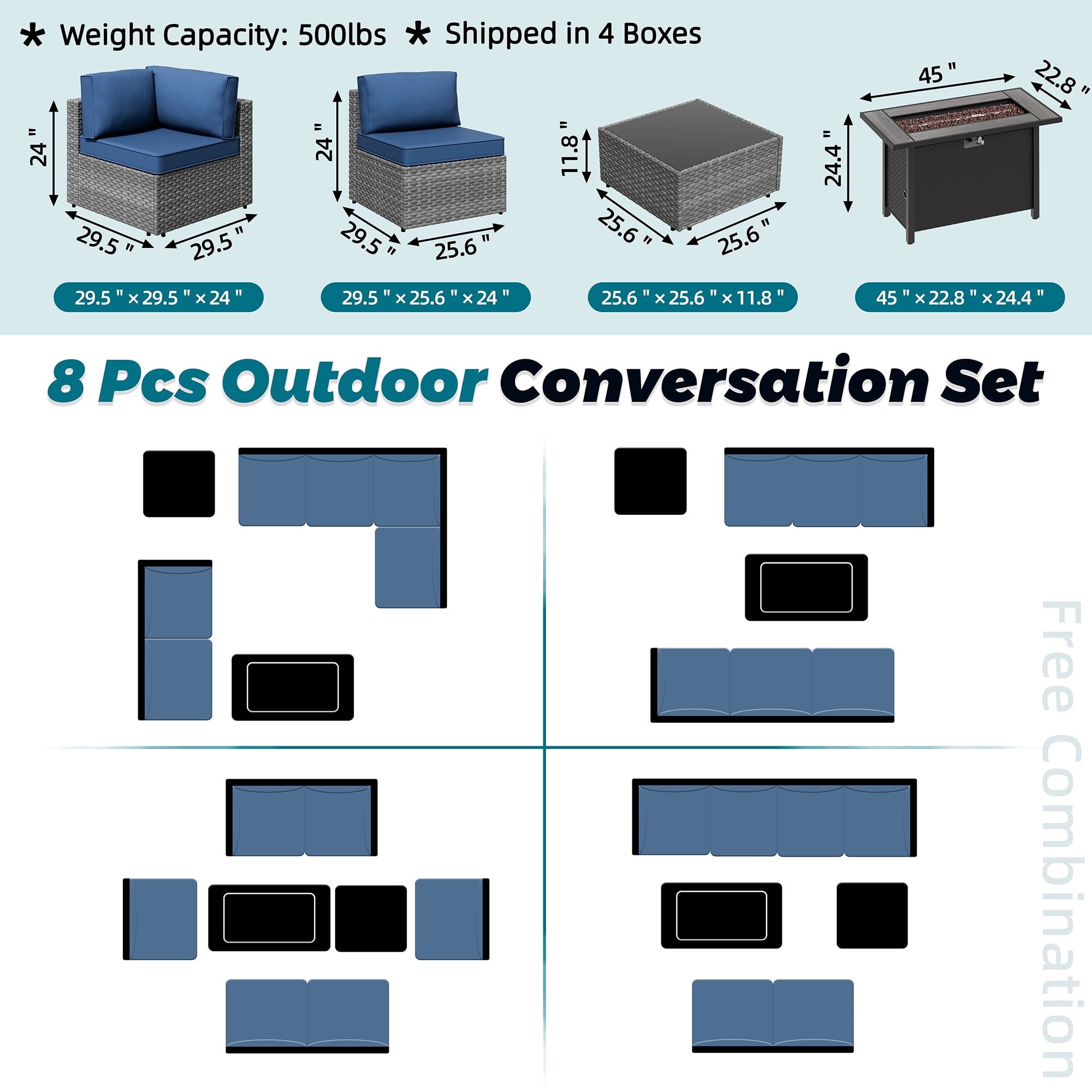Walsunny 8 Pieces Patio Wicker Rattan Fire Pit Furniture Conversation Sets with Outdoor Sectional Sofa,45" Gas Propane Fire Pit Table,Glass Coffee Table,Silver Rattan Aegean Blue Cushion